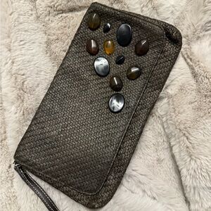 New York & Company Black Woven Clutch with Stone Accents